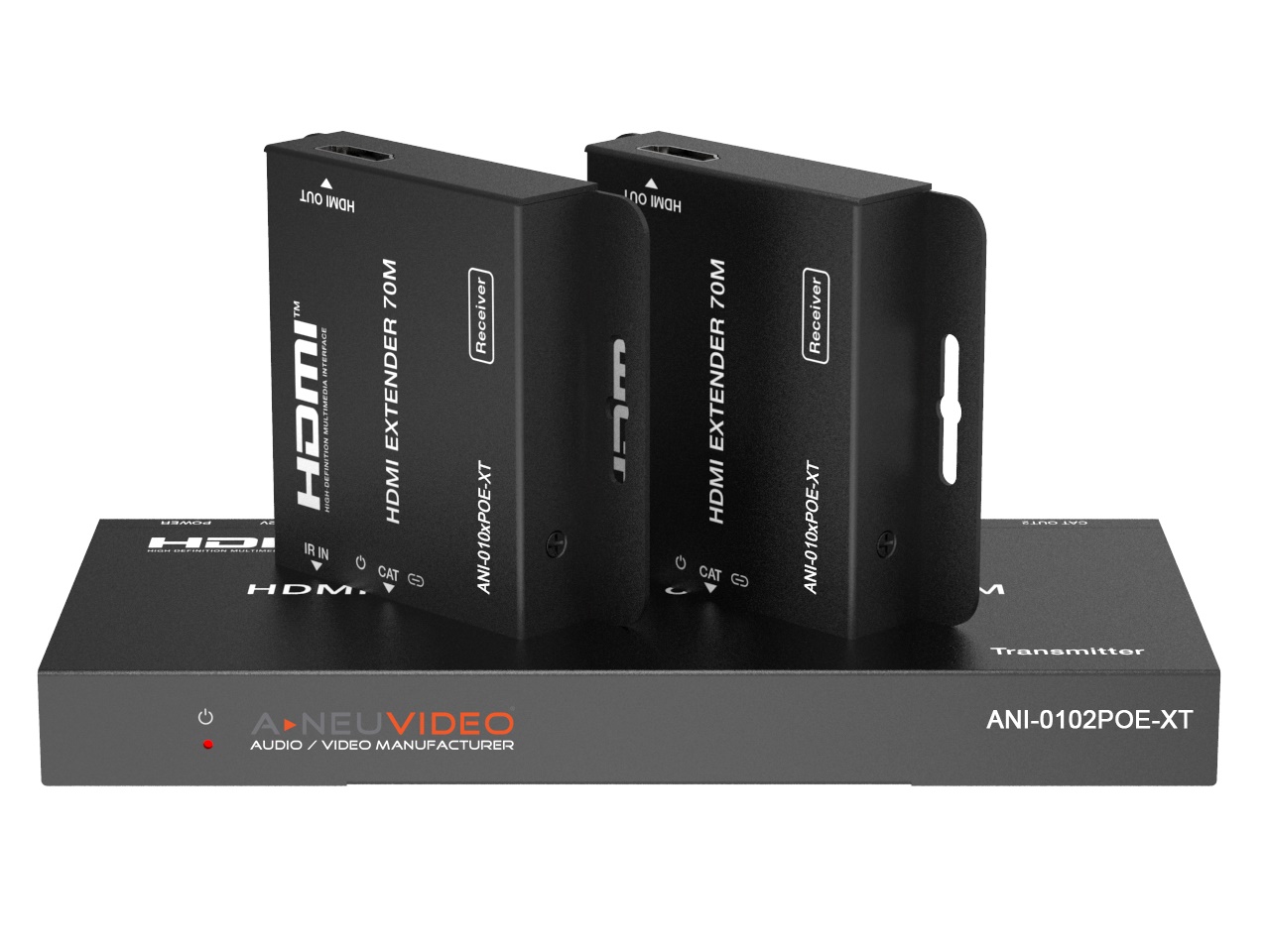A-NeuVideo ANI-0102POE-XT 1x2 HDMI POE 1080/4K30 CAT6 Extender Splitter/IR Return with 2x Receivers 230 ft/70m Auto Setup