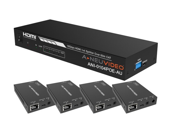 A-NeuVideo ANI-0104POE-AU 1x4 HDMI PoE 4K60Hz/1080P Cat6 Extender Splitter with 8 Receivers