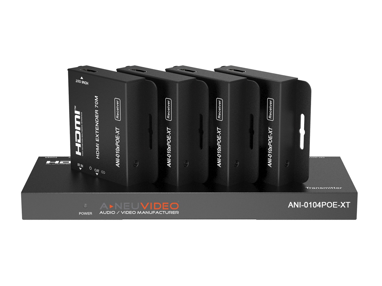 A-NeuVideo ANI-0104POE-XT 1x4 HDMI POE 1080/4K30 CAT6 Extender Splitter/IR Return with 4x Receivers 230ft/70m Auto Setup