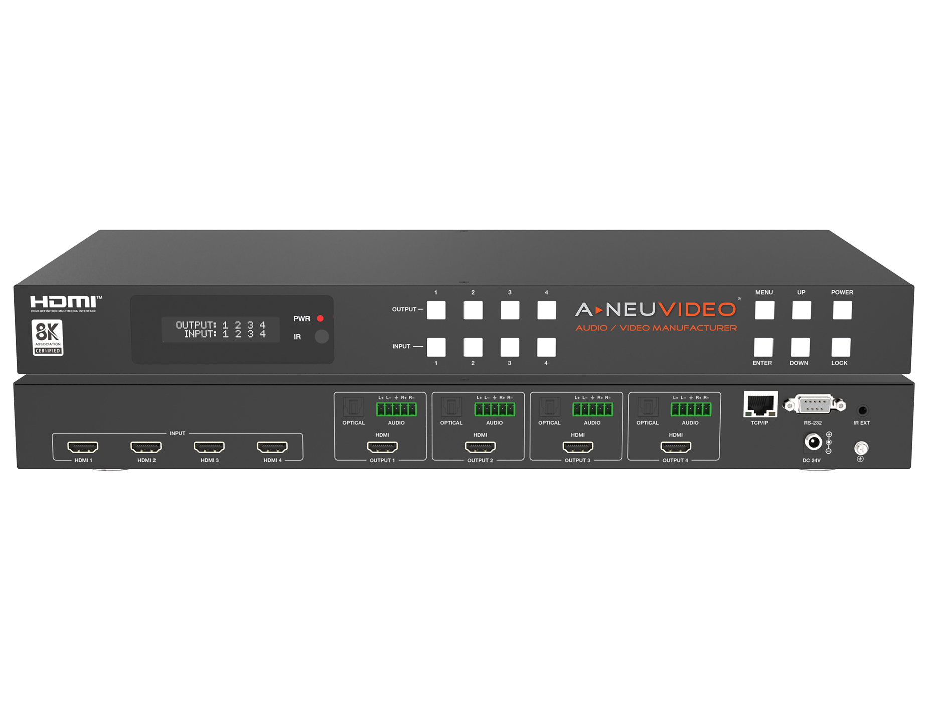 A-NeuVideo ANI-4-8K60-S 4x4 8K UHD HDMI 2.1 48Gbps Matrix Switcher with Audio De-embedder (8K60, 4K120 4:4:4) w/ Audio Matrix
