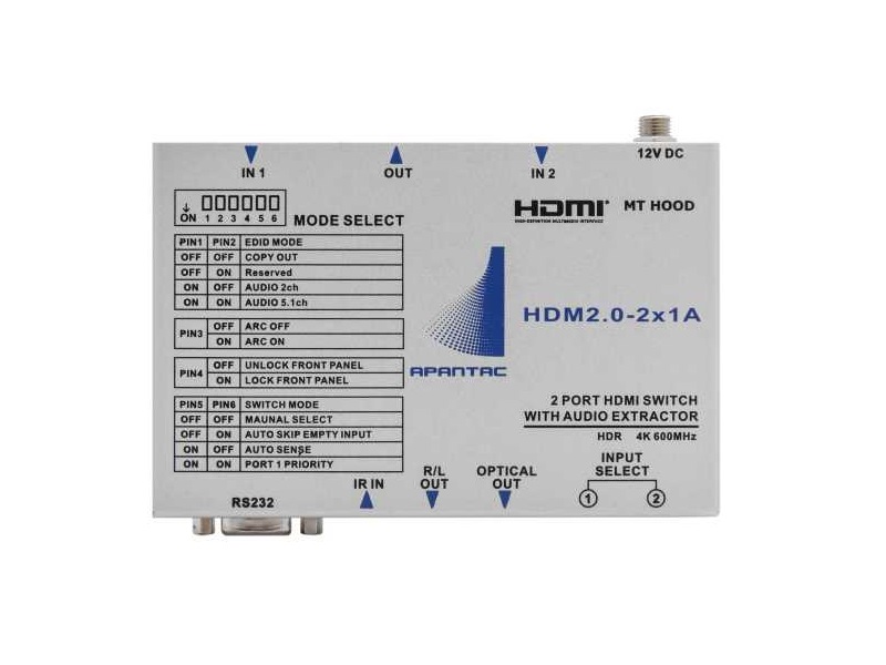 Apantac HDM2.0-2x1A HDMI 2.0 UHD 2x1 Switch with Audio De-Embedder