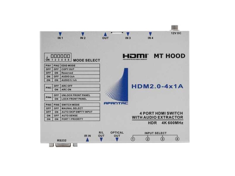Apantac HDM2.0-4x1A HDMI 2.0 (UHD) 4x1 Switch with Audio De-Embedder