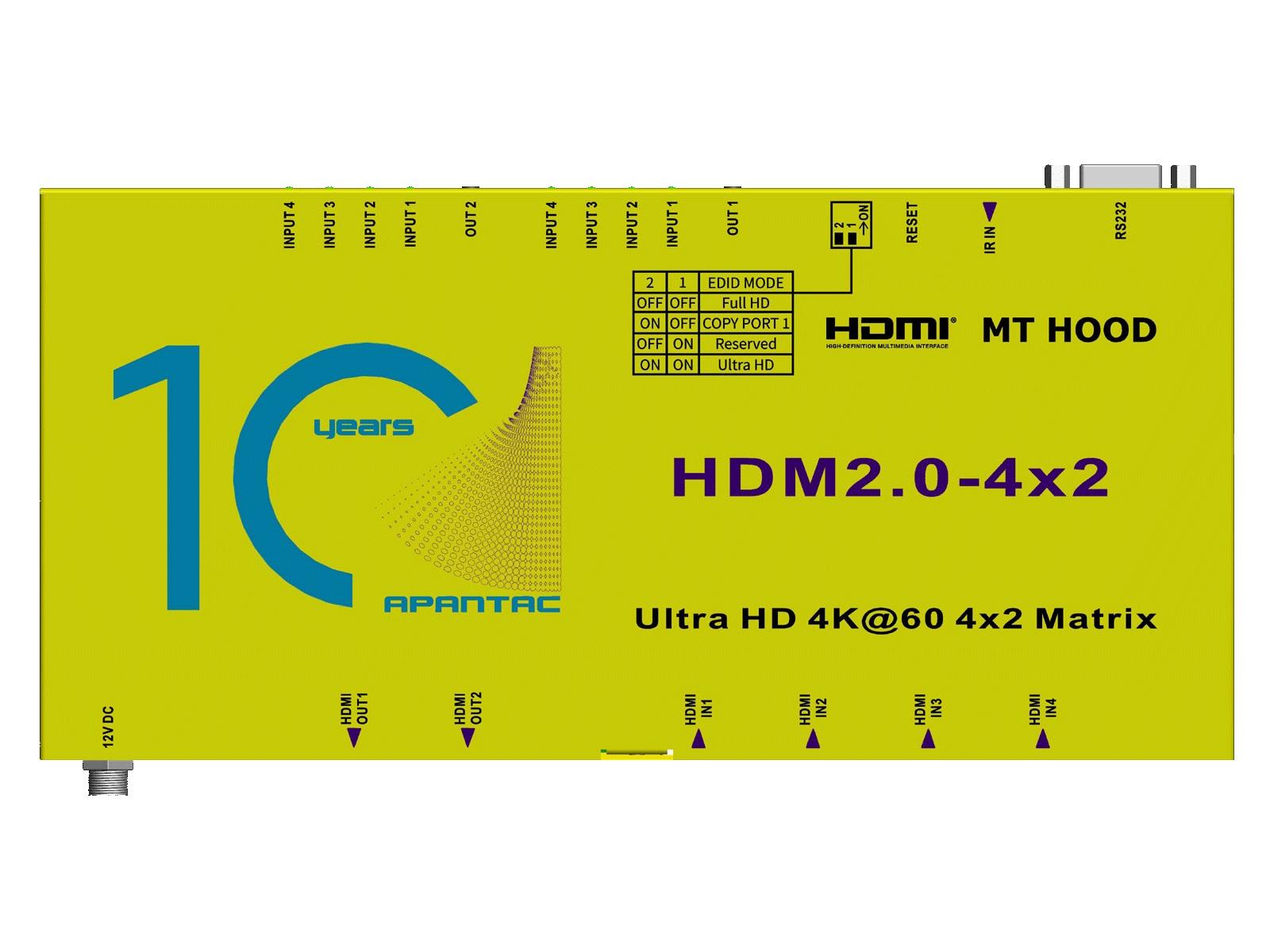 Apantac HDM2.0-4x2-UHD 4x2 1 RU HDMI 2.0 Matrix Switch with IR and RS232 control