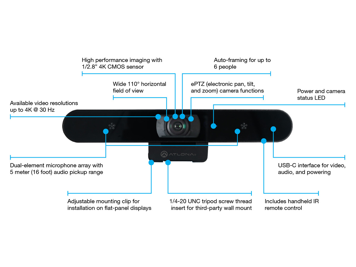Atp Camera AT-CAP-FC110 Atlona 4K ePTZ Auto-Framing Camera USB-C / 110 deg FOV ...