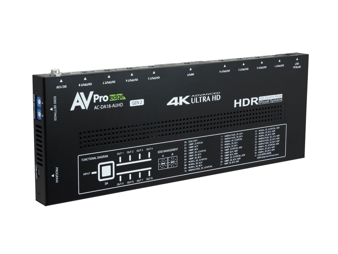 AVPro Edge AC-DA18-AUHD-GEN2 1x8 4K60 HDMI 18 GBPS Splitter with HDR/EDID Management/Audio De-embedding