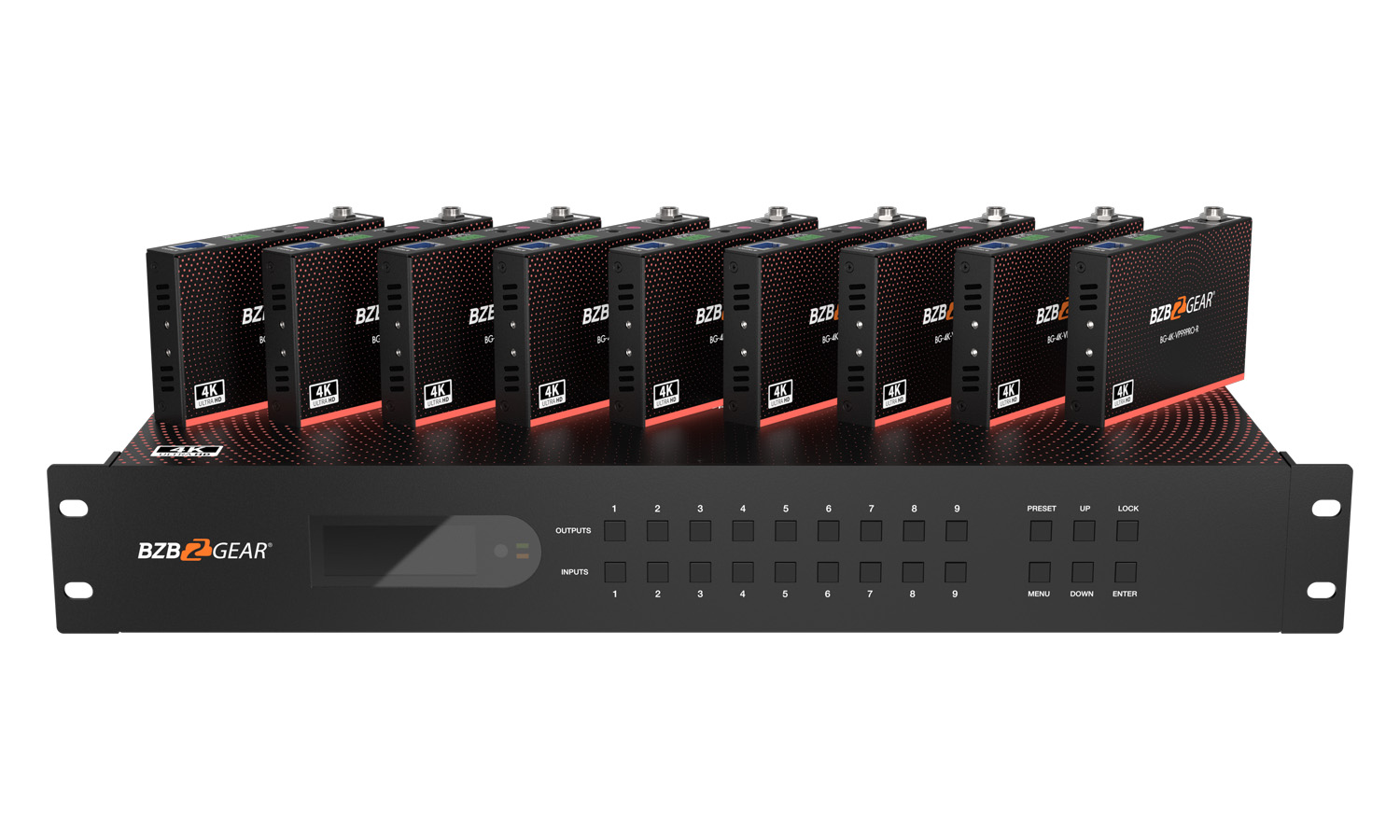 BZBGEAR BG-4K-VP99PRO 9x9 4K UHD Seamless HDMI Matrix Switcher/Video Wall Processor/Multiviewer over Cat5/6/7 with 9 Receivers Kit