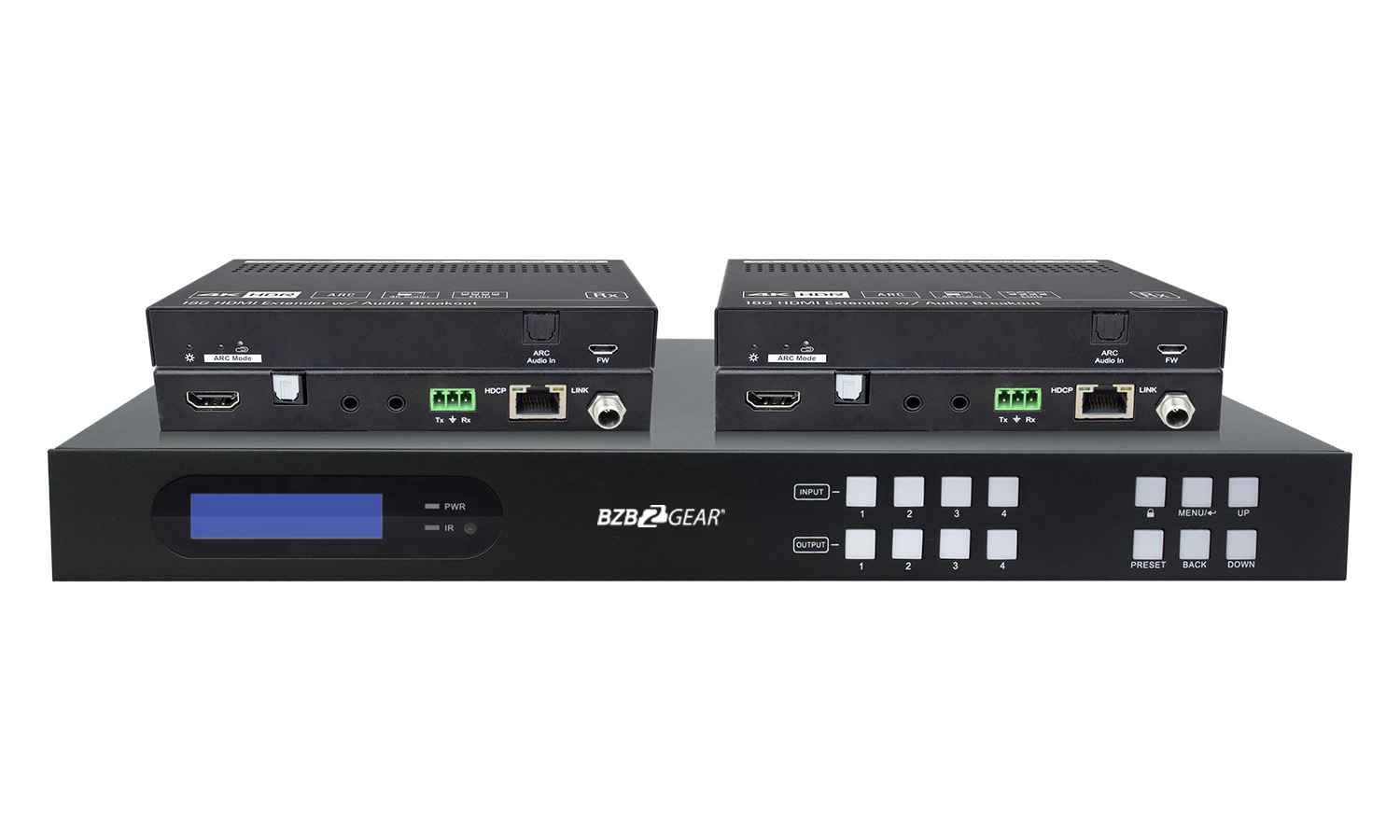 BZBGEAR BG-M44S-H2A-KIT 4x4 HDMI 2.0 18Gbps 4K 60Hz 444 HDBT Video and Audio Matrix Switcher with 4 Receivers