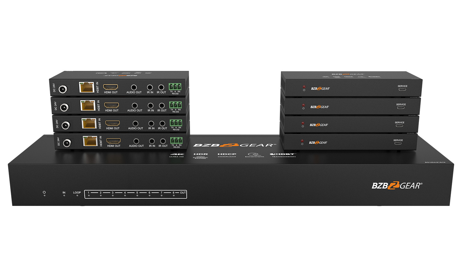 BZBGEAR BG-UDA-E18 1x8 4K UHD HDMI HDBaset Splitter/Distribution Amplifier over Category Cable (Kit, Includes 8x RX)