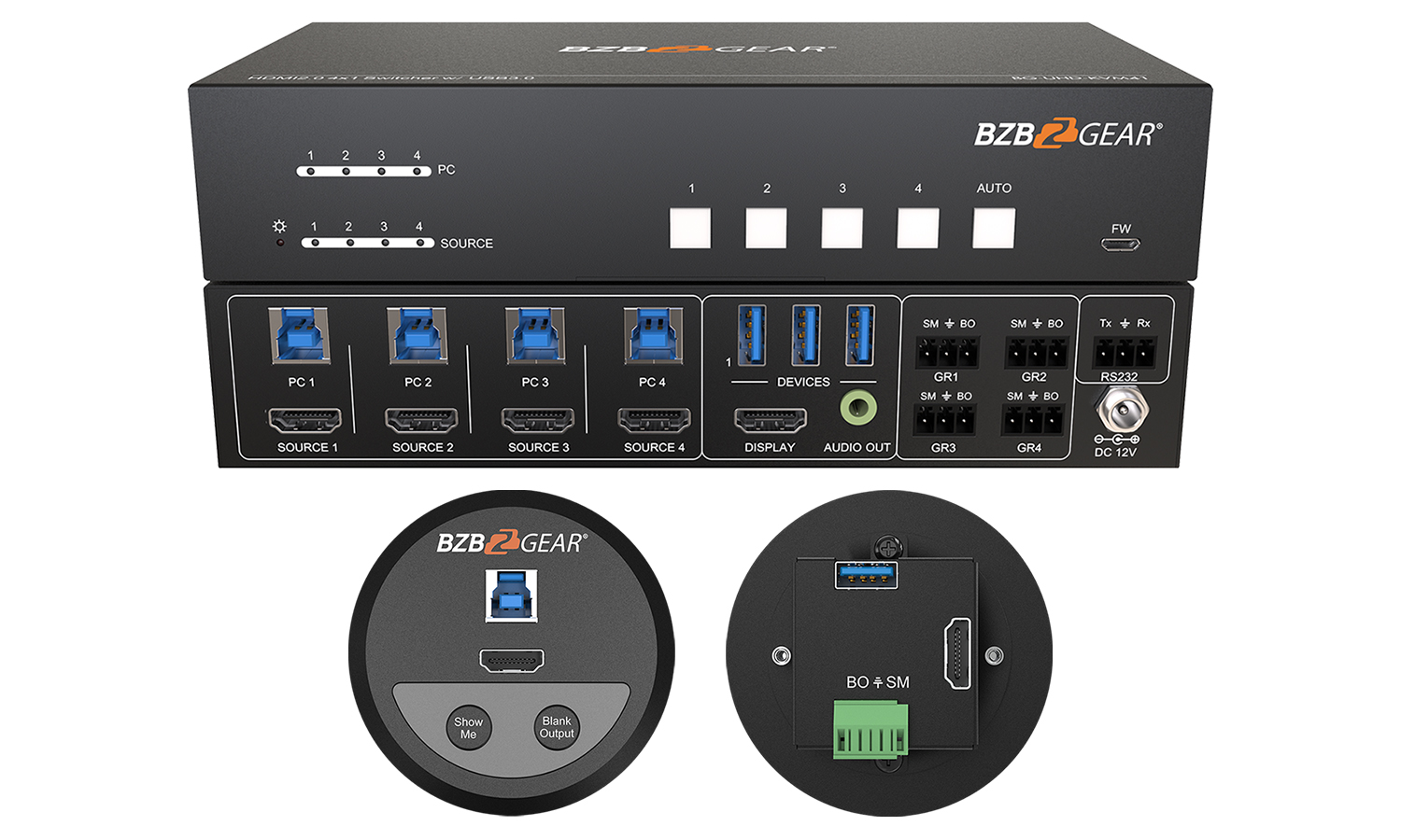 BZBGEAR BG-UHD-KVM41-KIT 4-Port 4K UHD KVM and Conference Room Switcher with HDMI and USB 3.0 Kit with 4 Table Grommets