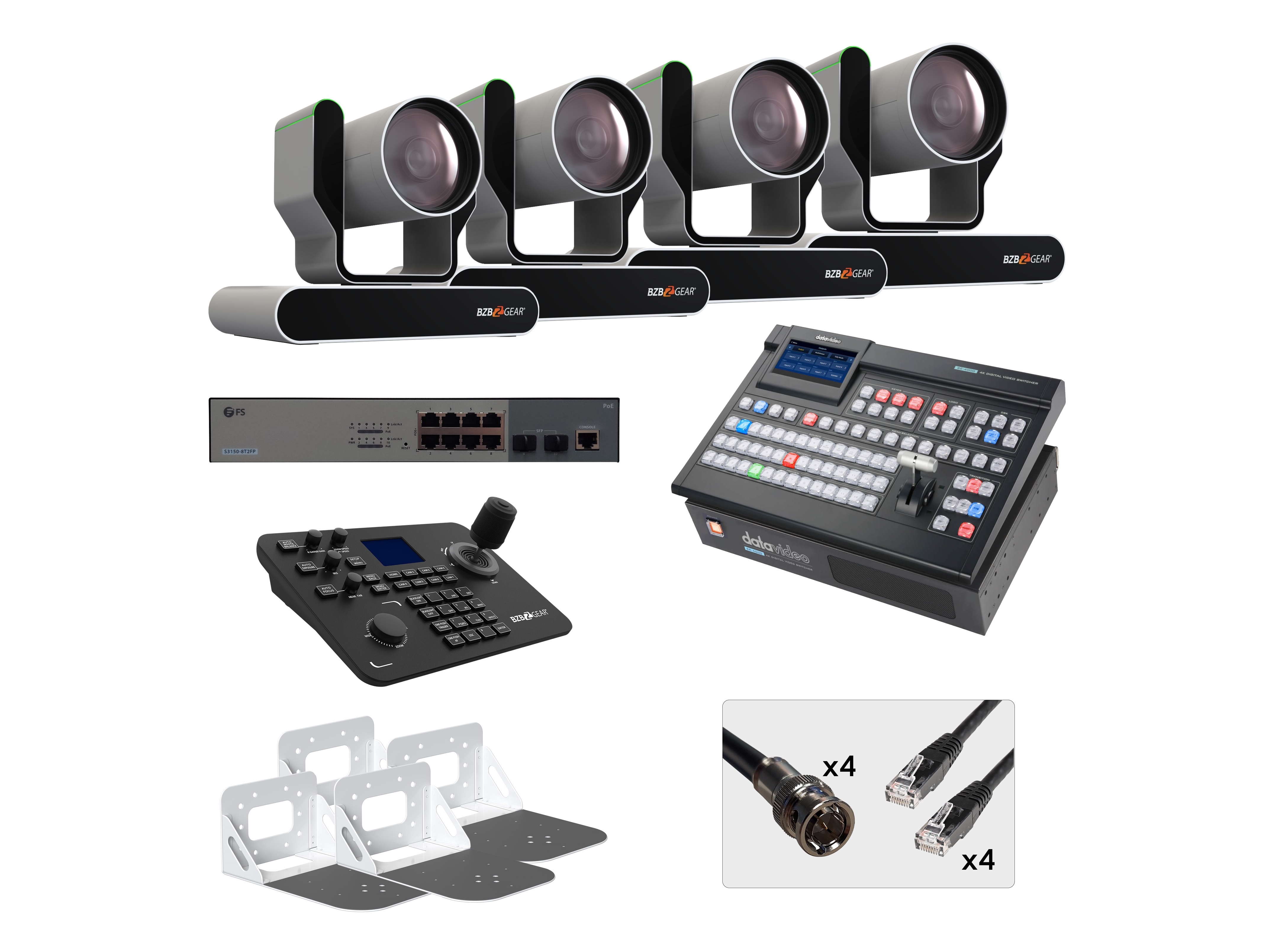 BZBGEAR BZB-12G-PRODUCTION-KIT1 All-In-One Single Operator 4K 12G Production Bundle with Four BZBGEAR 25X PTZ Camera/Joystick Controller/DATAVIDEO 4K Mixer/White Wall Mount