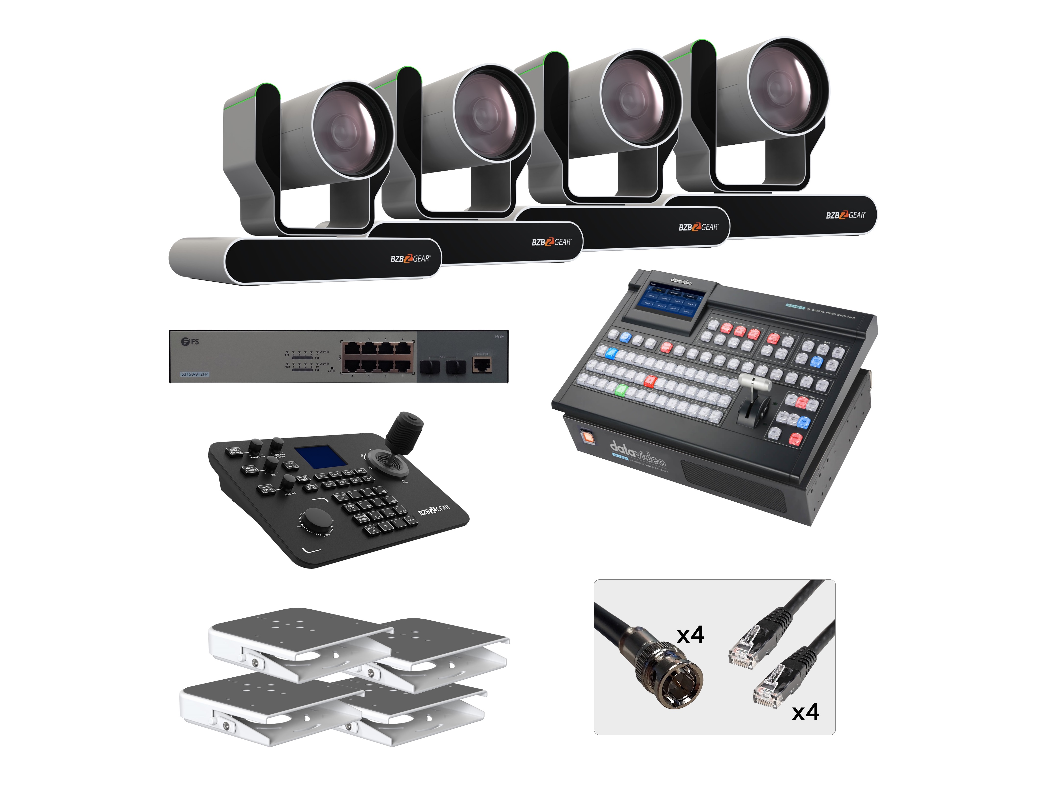 BZBGEAR BZB-12G-PRODUCTION-KIT3 All-In-One Single Operator 4K 12G Production Bundle with Four BZBGEAR 25X PTZ Camera/Joystick Controller/DATAVIDEO 4K Mixer/White Ceiling Mount