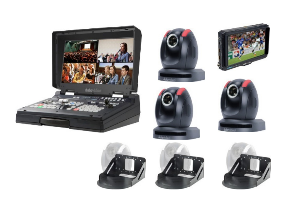Datavideo HS-1600T-3C150TM 4-Channel HD/SD HDBaseT Portable Video Streaming Studio with 3x Cameras/3x Camera Mounts/Dispaly