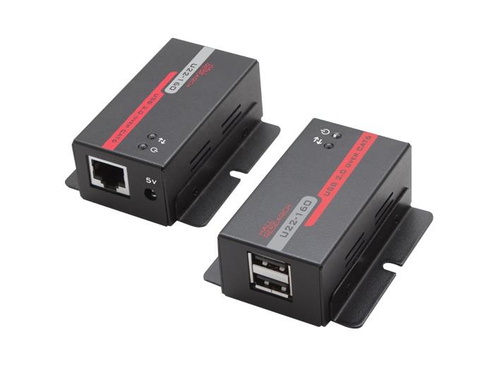 Hall Research U22-160 USB 2.0 over UTP Extender (Receiver/Transmitter) Kit with 2-Port Hub