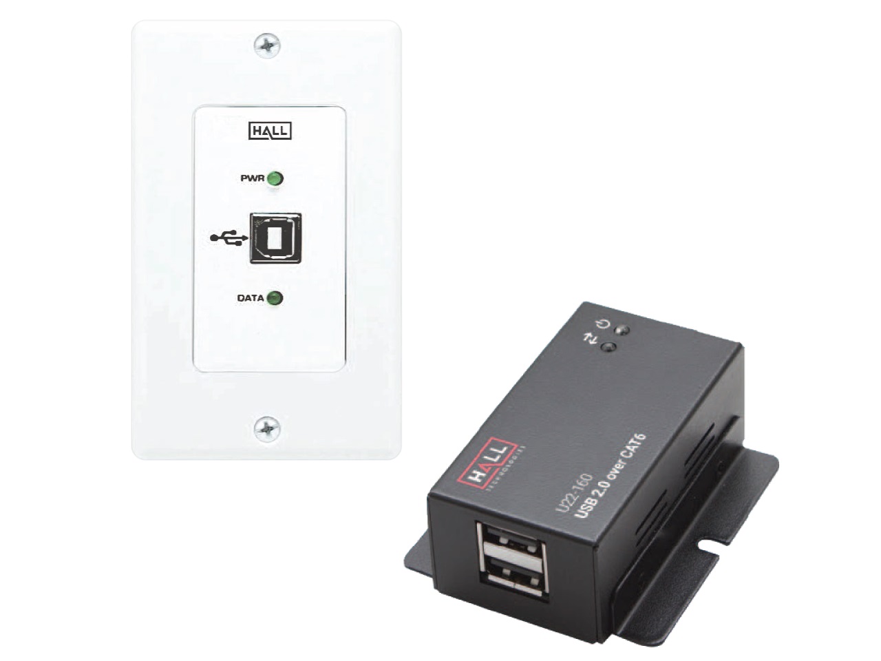 Hall Technologies U22-160-DP USB 2.0 over UTP Extender (Receiver/Transmitter) Kit Decora Wall Plate with 2-Port Hub