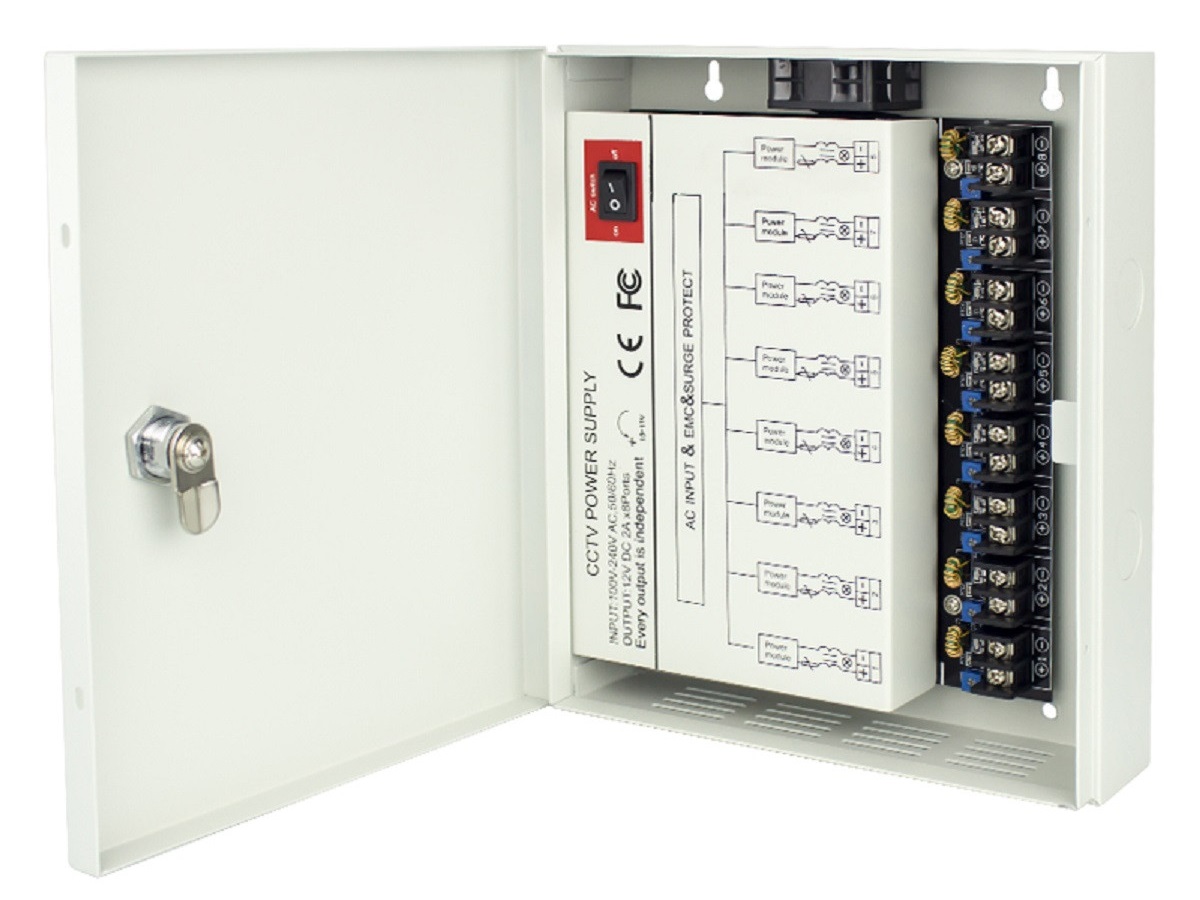 ICRealtime PS-DC16A08HD-4DK Power Supply Unit - 8 Outputs/12 VDC/16amps/Regulated/Individually Fused (PTC)