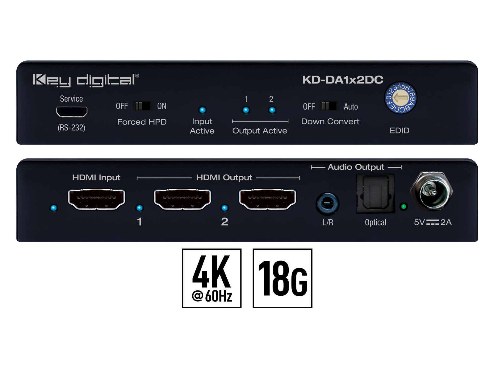 Key Digital KD-DA1X2DC 4K 18G HDMI Distribution Amplifier with Audio De-Embed 4K to 1080p Down-Convert