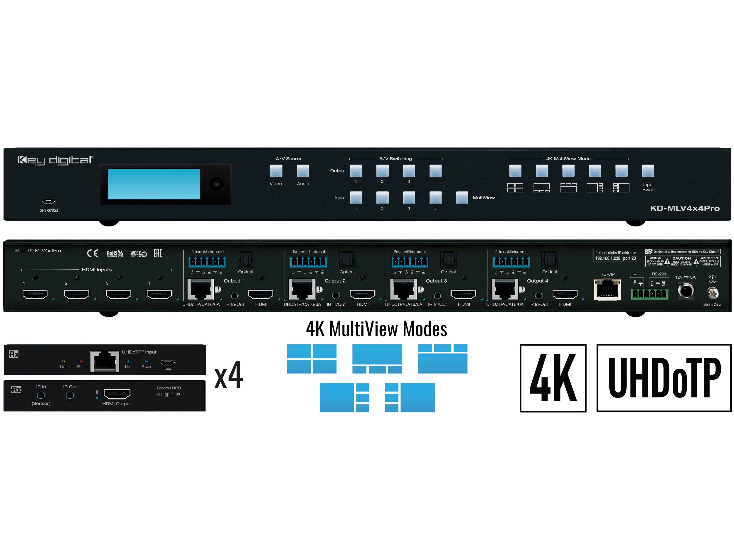 Key Digital KD-MLV4x4Pro 4x4 4K UHD HDMI Seamless Matrix with Multi-View Tiling with 4 Rx Units
