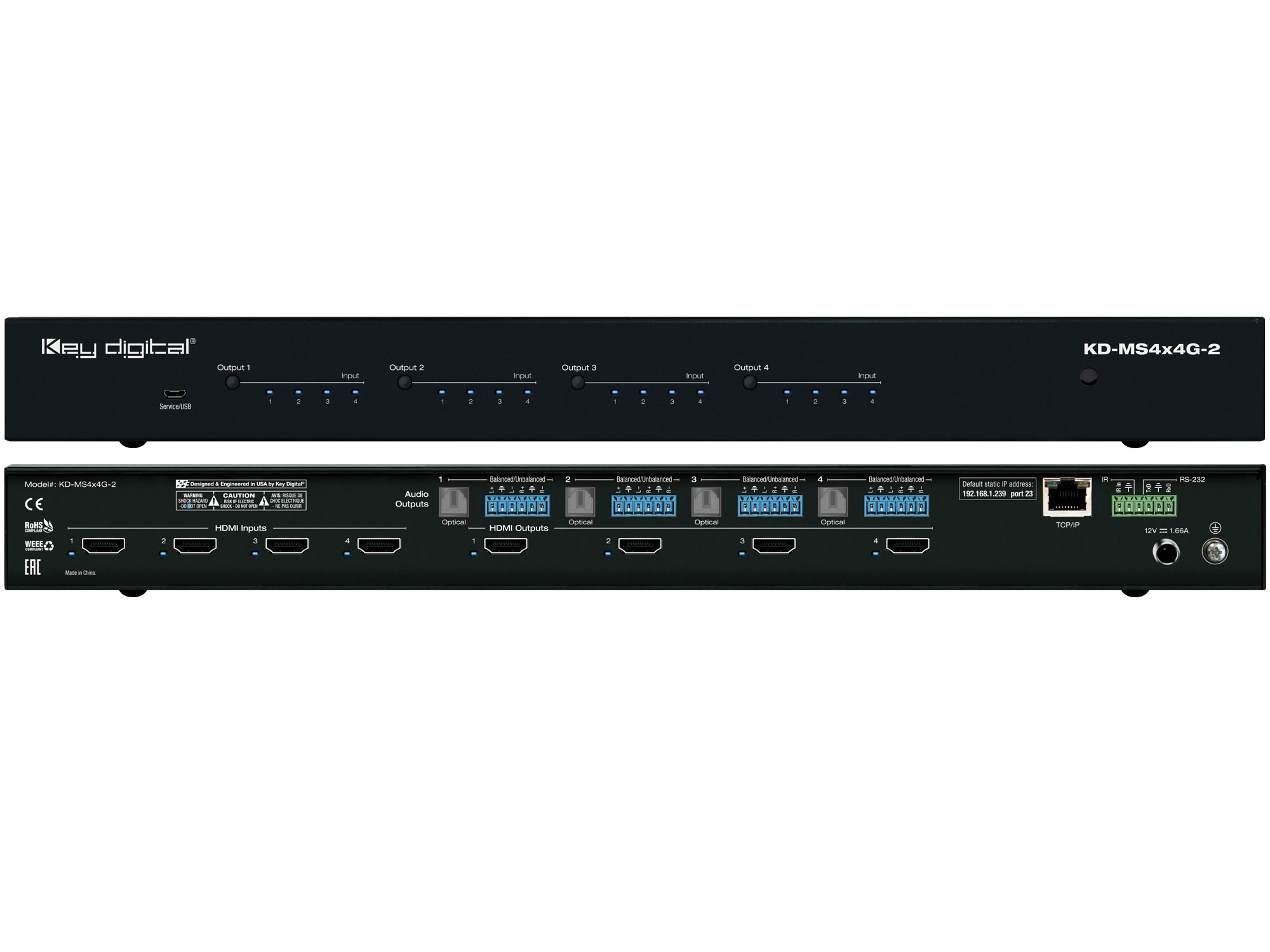 Key Digital KD-MS4x4G-2 4x4 4K 18G HDMI Matrix Switch with Independent Audio Routing/Digital Optical and Analog Balanced/Un-balanced Audio De-Embedding/Web Control UI