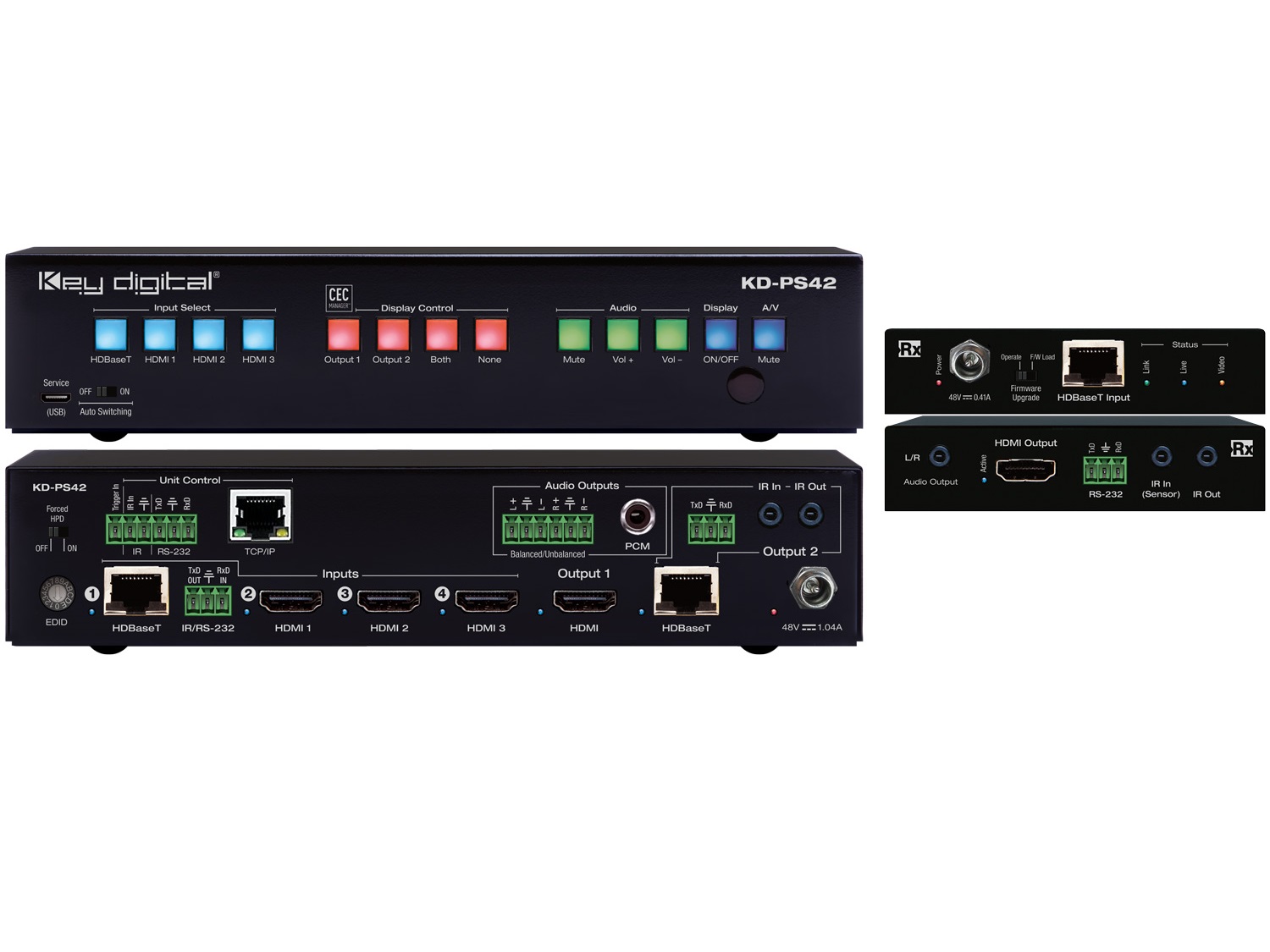 Key Digital KD-PS42 4K/18G Presentation Switcher Kit with 4 Inputs (HDBT/3x HDMI) 2 Mirrored Outputs (HDBT/HDMI)