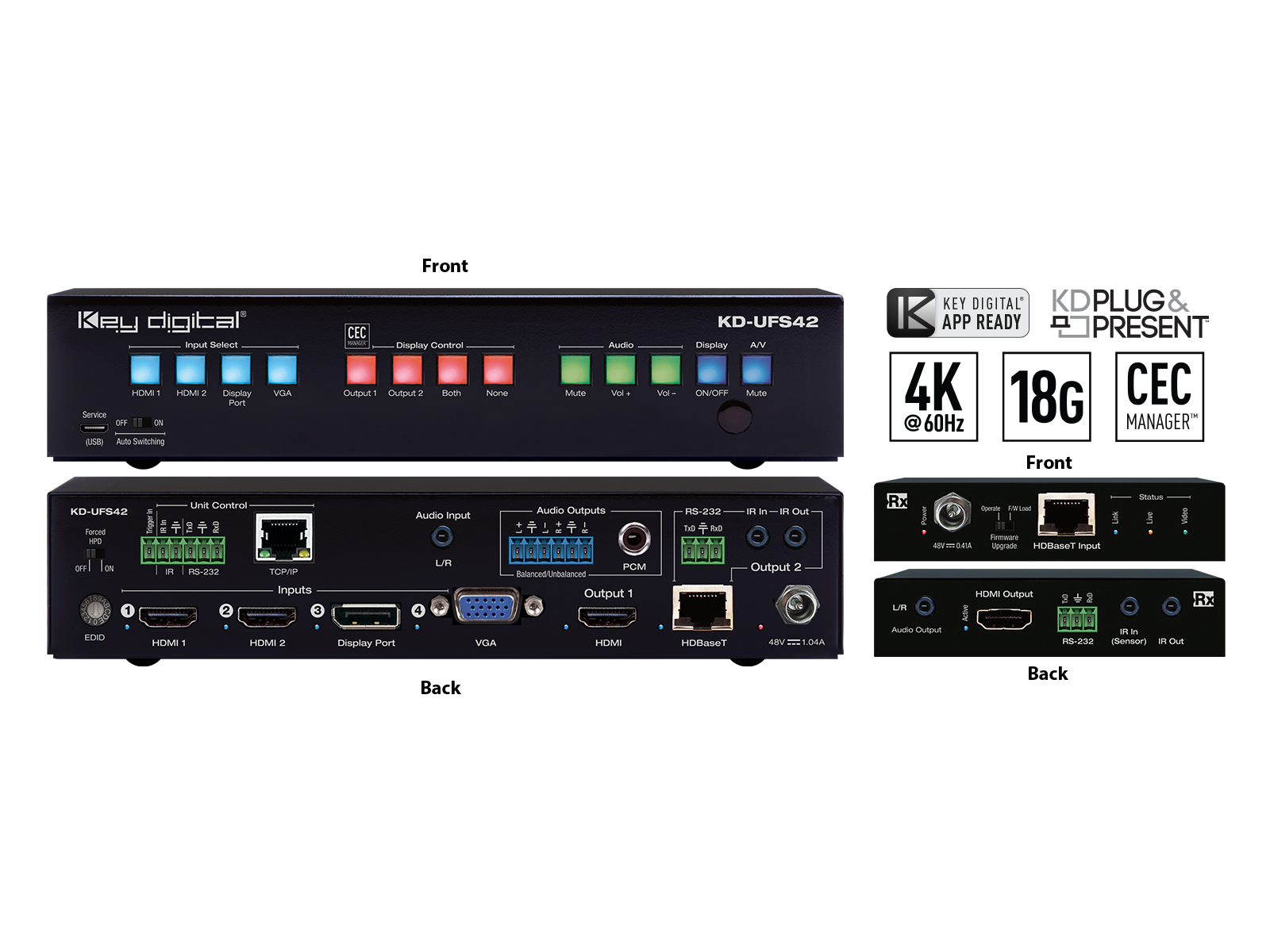 Key Digital KD-UFS42 4x4 4K 18G Universal Format HDMI/DP/VGA Switcher with Mirrored Outputs/CEC/Auto Switching/Receiver Included