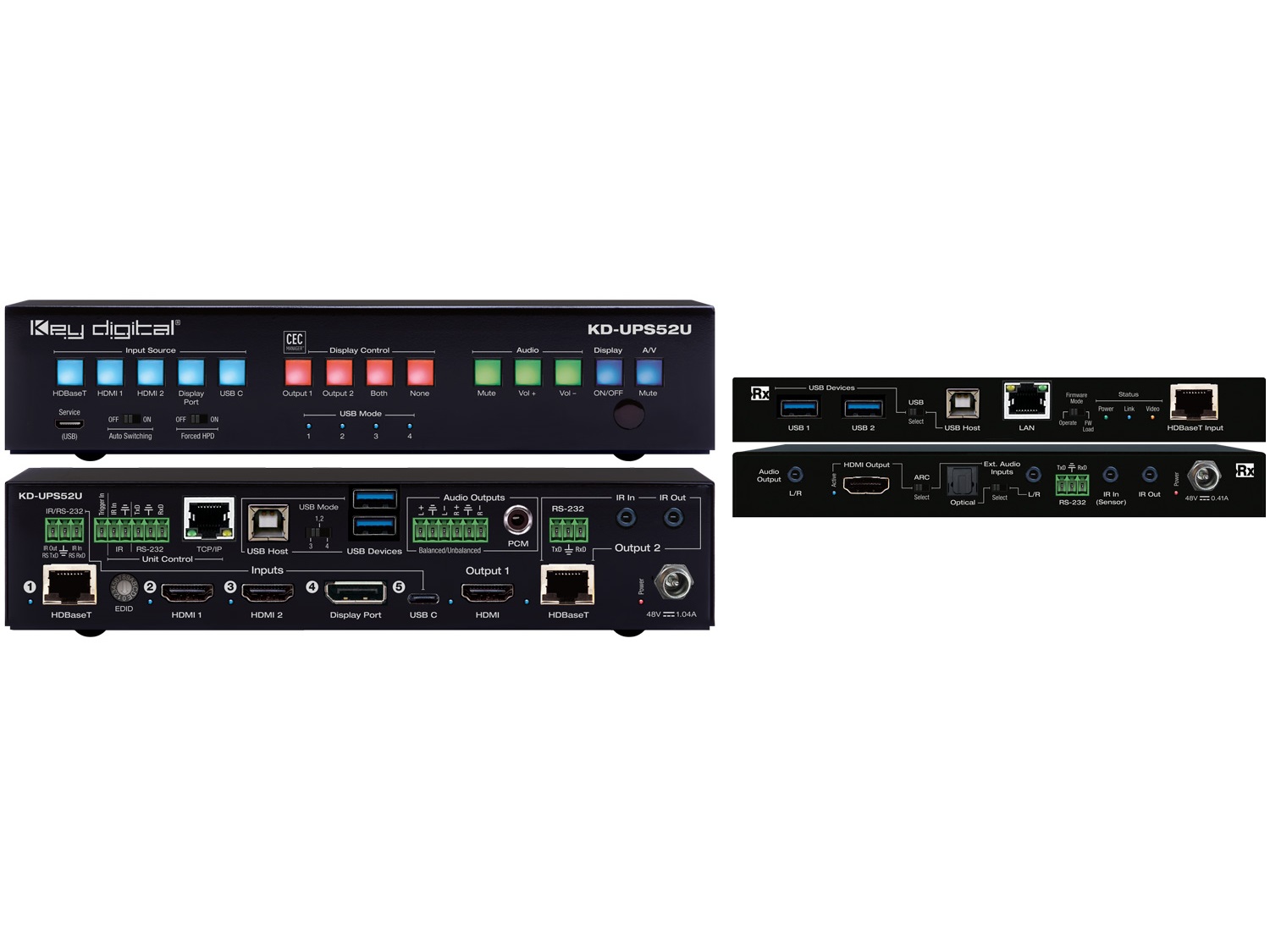 Key Digital KD-UPS52U 4K/18G USB/Universal Presentation Switcher Kit with 5 Inputs (HDBT/2x HDMI/DP/USB-C) 2 Mirrored Outputs (HDBT/HDMI)
