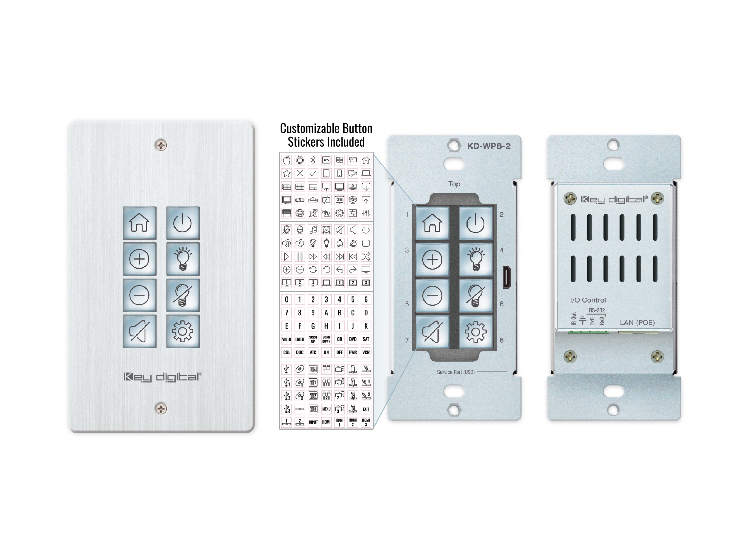 Key Digital KD-WP8-2 8 Button Programmable IP/IR/RS-232 Wall Plate Control Keypad with PoE for KDPlug and Present/Compass Control Pro and Third-Party Systems via Open API